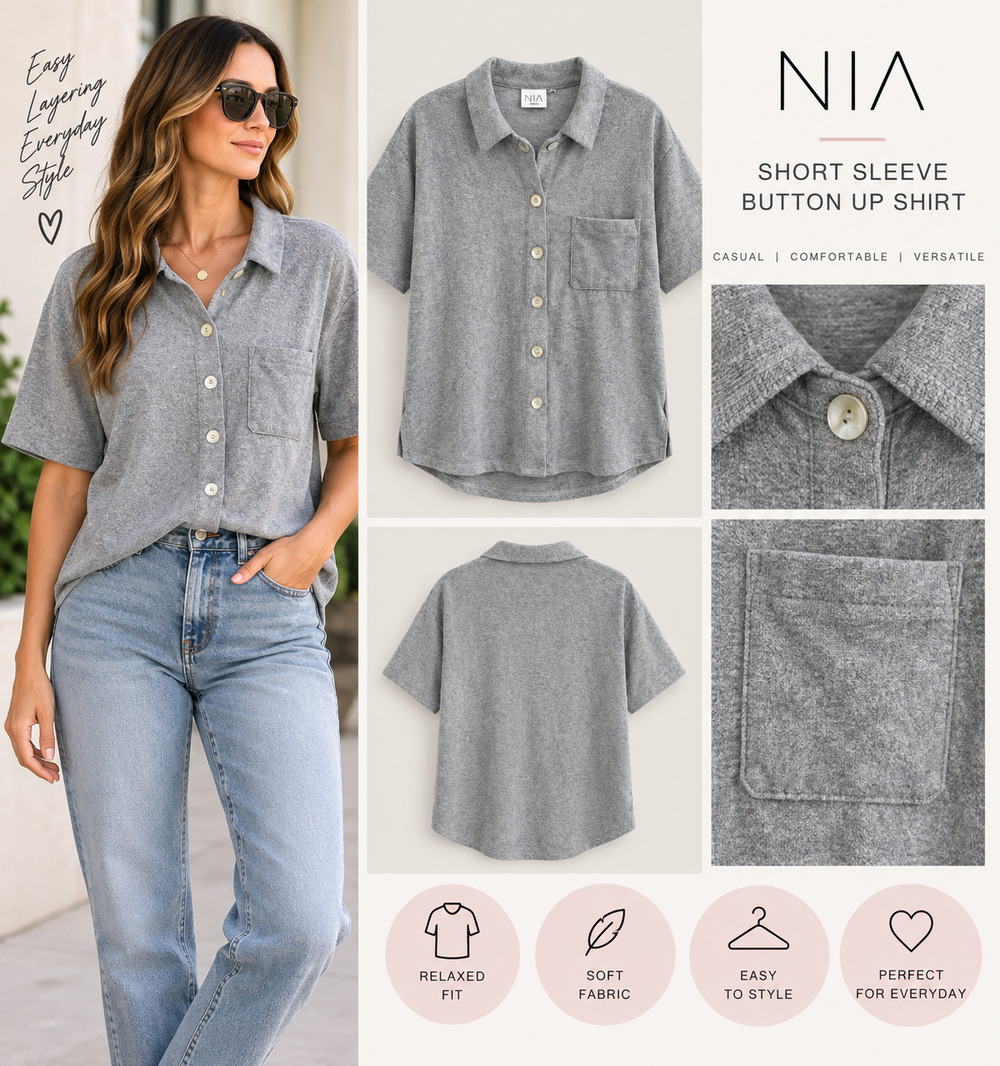 NIA Gray Soft Knit Button Front Collared Shirt Size Small